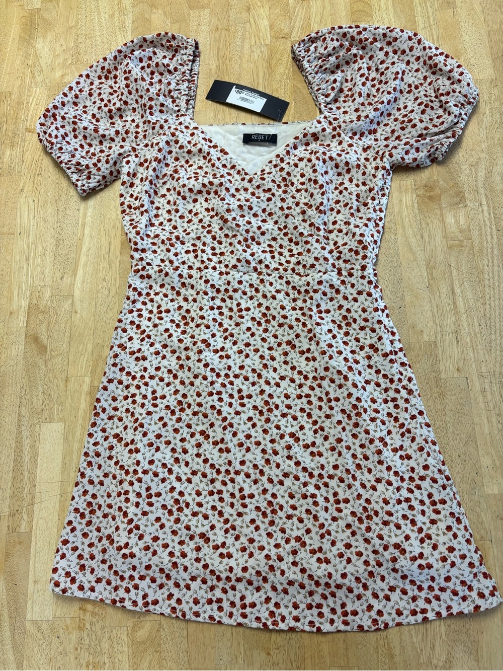 NWT The Reset Cream Mini Dress with Red Floral Print and Puff Sleeves